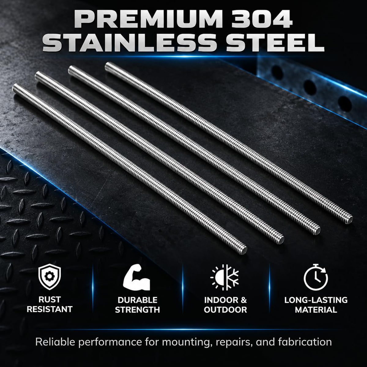 304 SS Fully Threaded Rod, 3/8"-16 x 36, 4-Pack