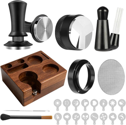 51mm Espresso Accessories Kit, 9 Pcs Espresso Tamper Tools Set | Calibrated Tamper, Acacia Wood Station, Distributor
