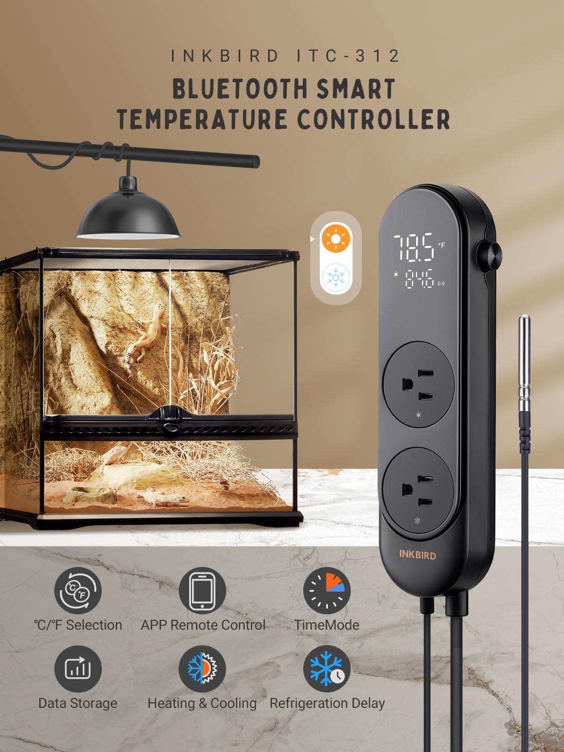 Bluetooth Digital Temperature Controller 1200W Heating Cooling 2-Stage Outlet Thermostat Controller Plug for Reptiles