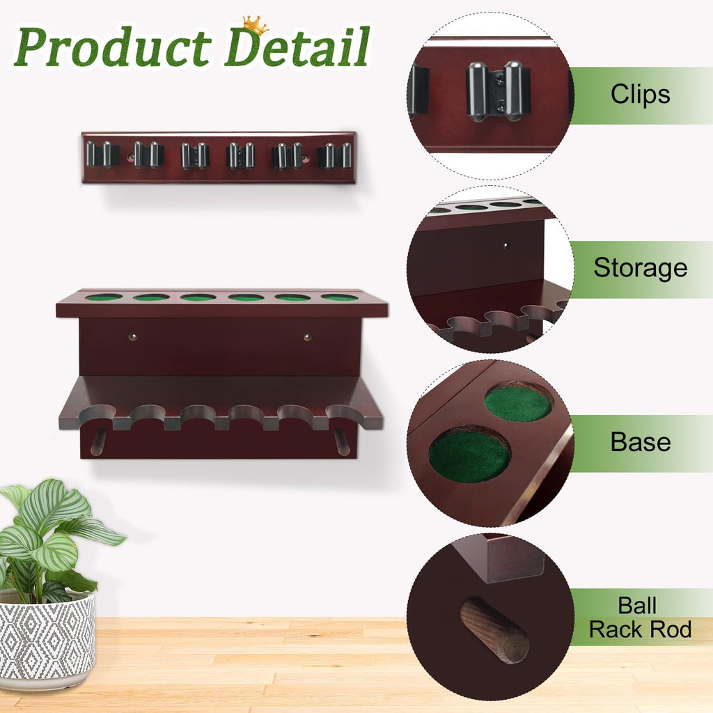 Hardwood Billiards Pool Cue Rack - Wall Mount Holder for 6 Cues, Sticks Storage and Table Accessories Organizer