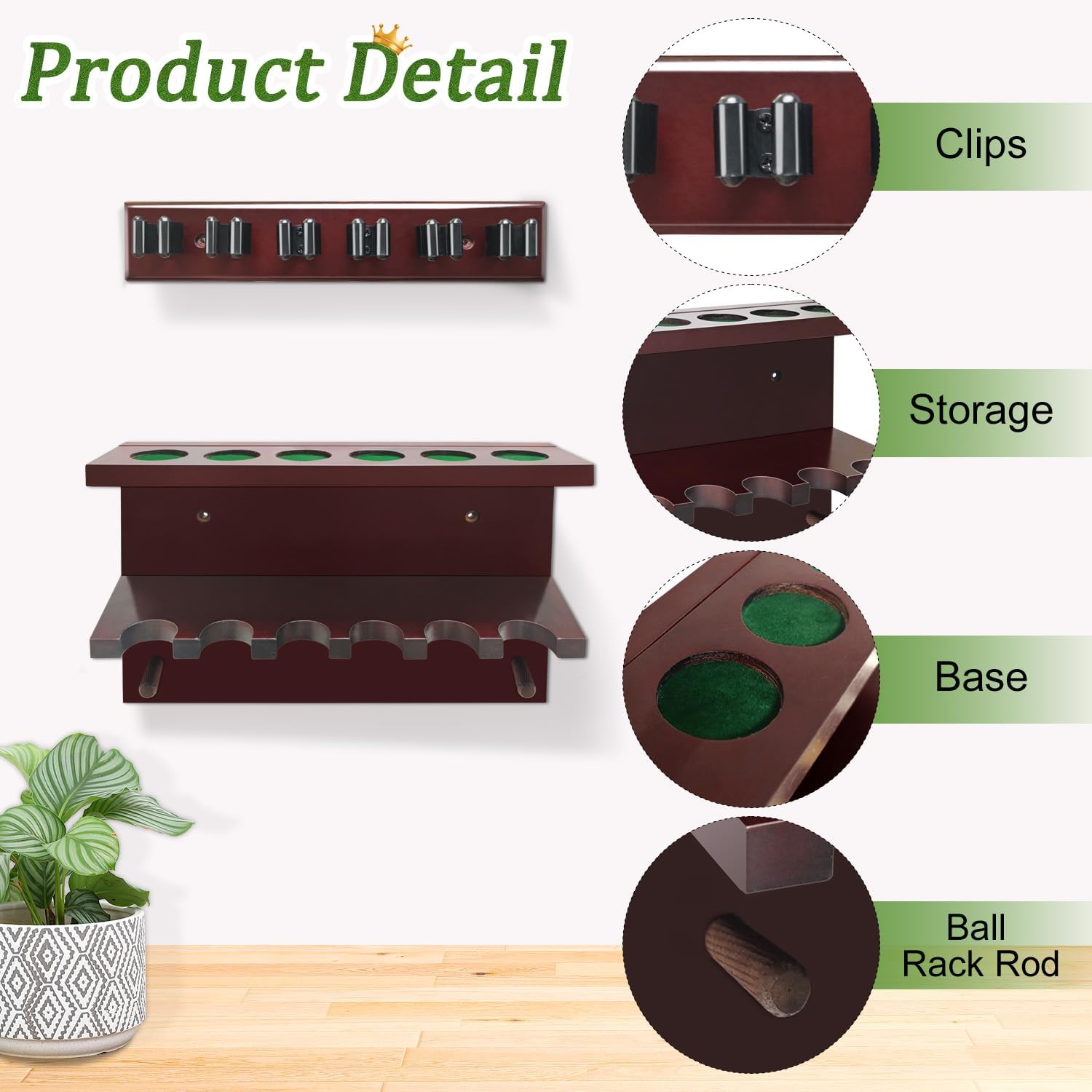 Hardwood Billiards Pool Cue Rack - Wall Mount Holder for 6 Cues, Sticks Storage and Table Accessories Organizer
