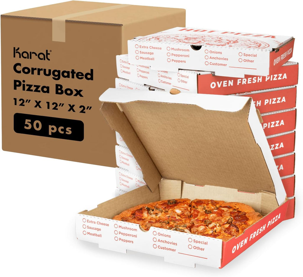 Pizza Boxes 12" x 12" x 2" [50 Pack] Classic Red Print Corrugated Boxes | Ventilated, Grease-Resistant, Durable for