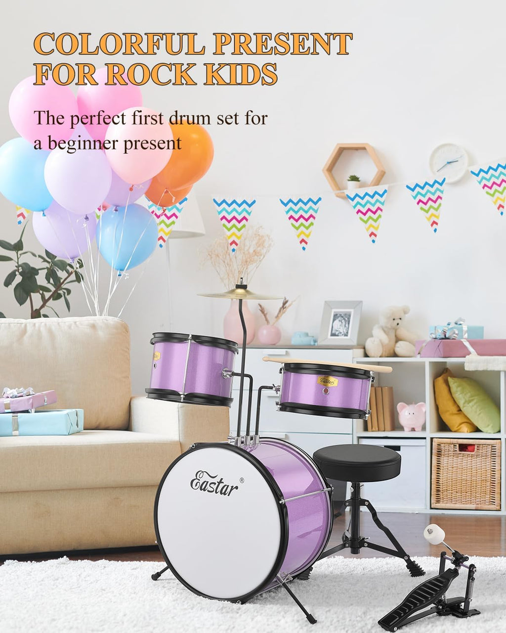 Drum Set 14 inch for Beginners,3 Piece Junior Drum Kit with Bass Tom Snare Drum,Adjustable Throne, Cymbal, Pedal &