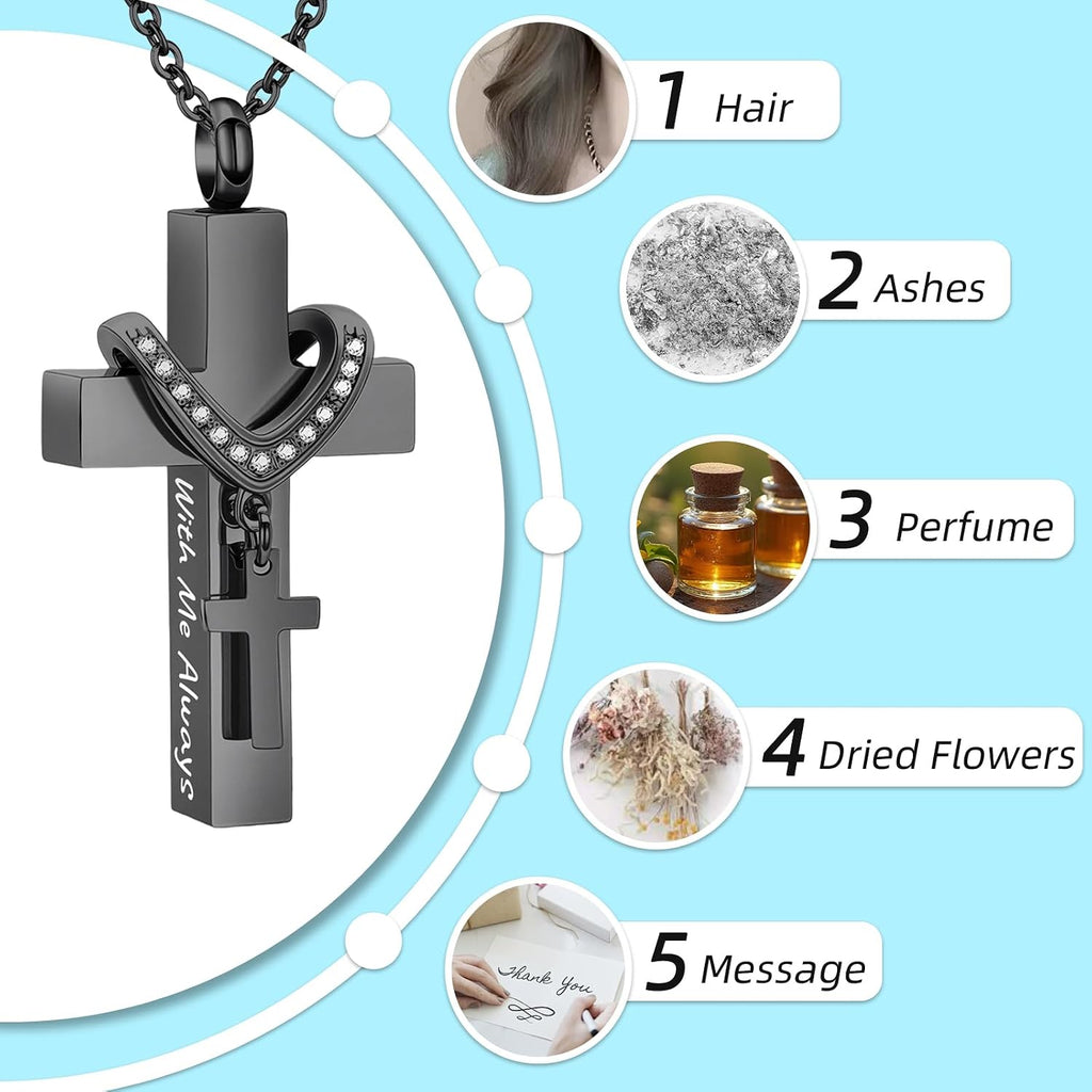 Cremation Jewelry for Ashes Pendant - Cross Urn Necklace with Mini Keepsake Urn Memorial Ashes Jewelry - With Me Always