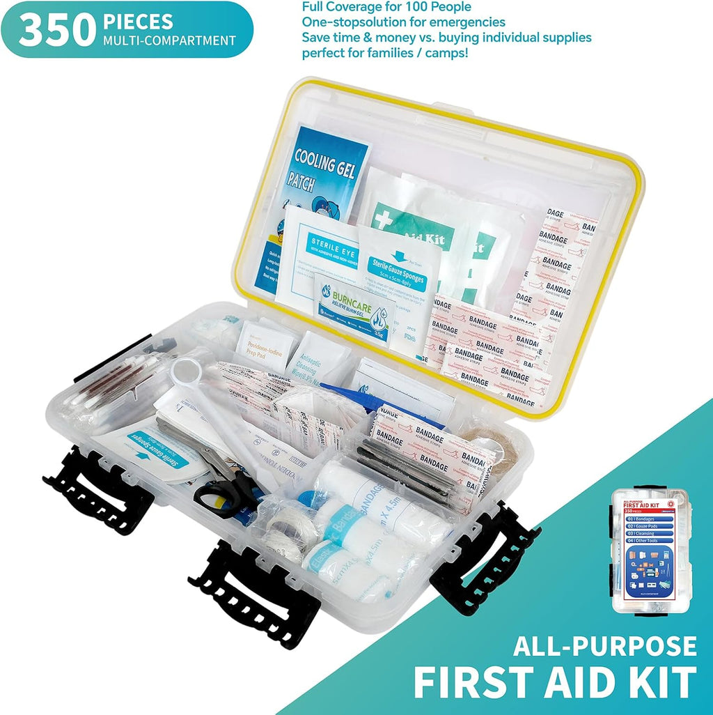 350-Piece All-Purpose 100-Person Emergency First Aid Kit – Waterproof Plastic Case | Clearly Organized for Fast