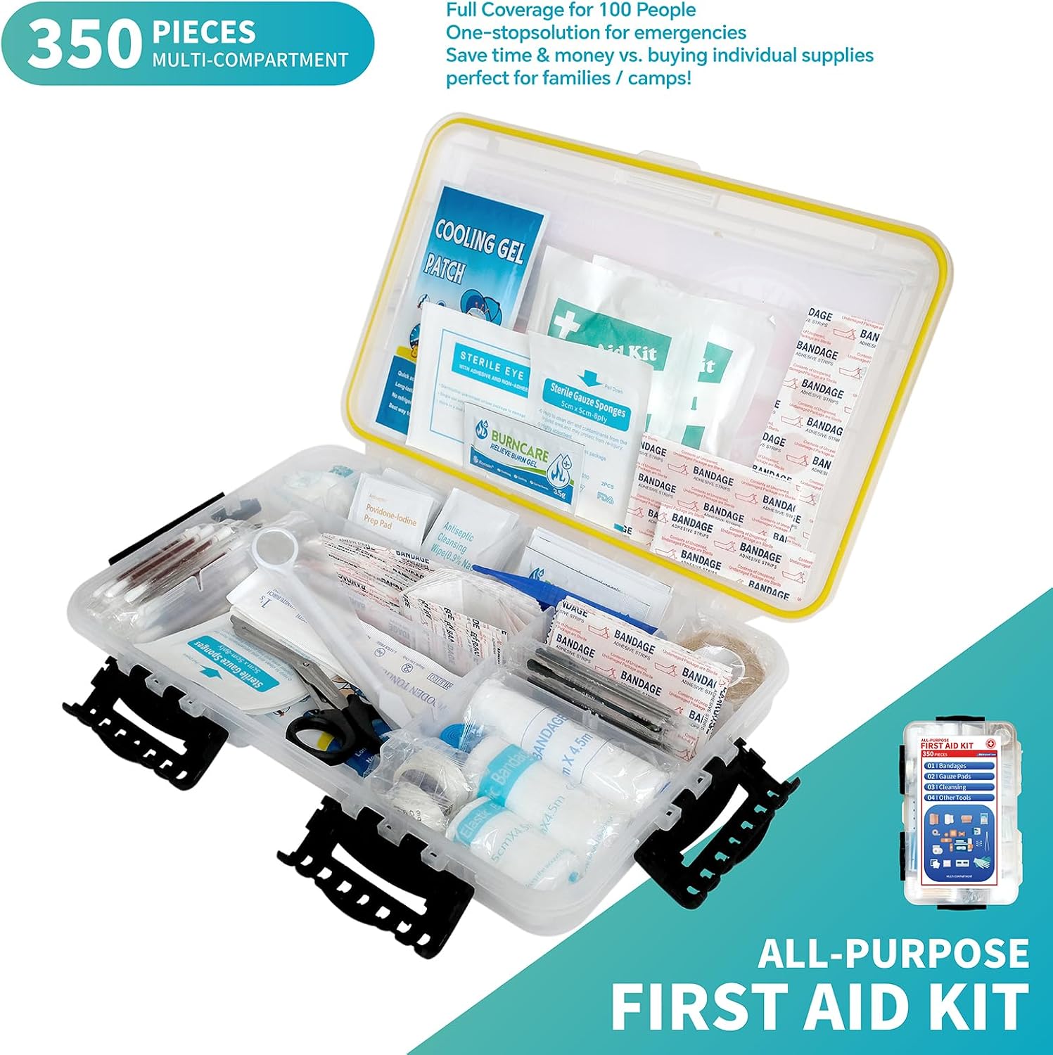 350-Piece All-Purpose 100-Person Emergency First Aid Kit – Waterproof Plastic Case | Clearly Organized for Fast