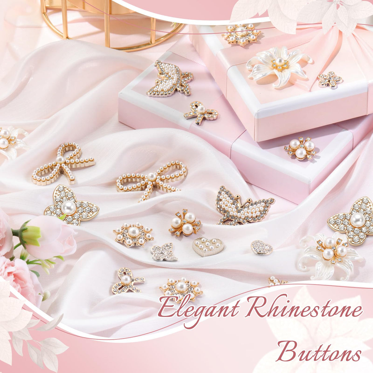 140 Pcs Rhinestone Buttons Flower Embellishments, Butterfly, White