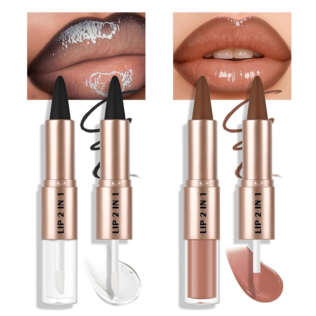 2Colors Dual-Ended Brown Lip Liner Lip Gloss Set, Nude Ombre Lipstick