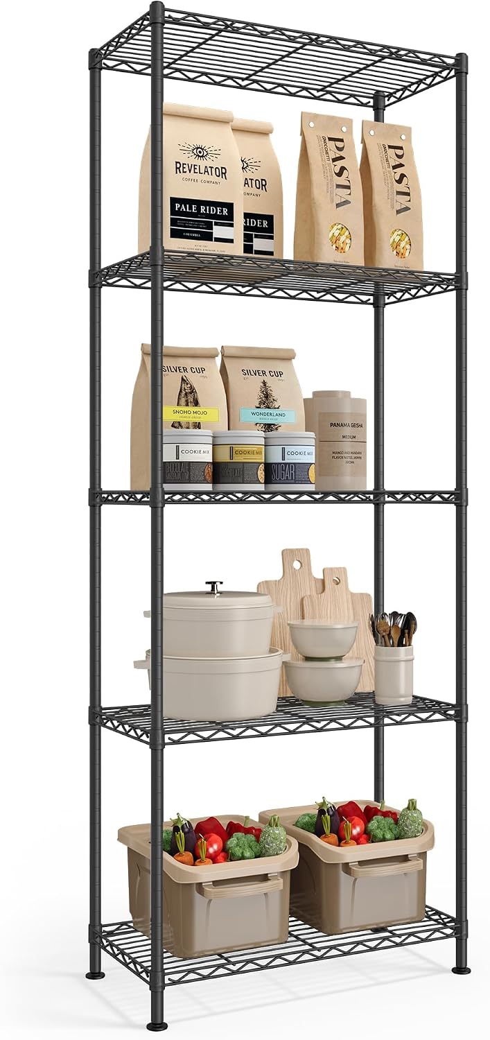5-Tier Storage Shelves, Adjustable Wire Shelving Unit, 8 Hooks