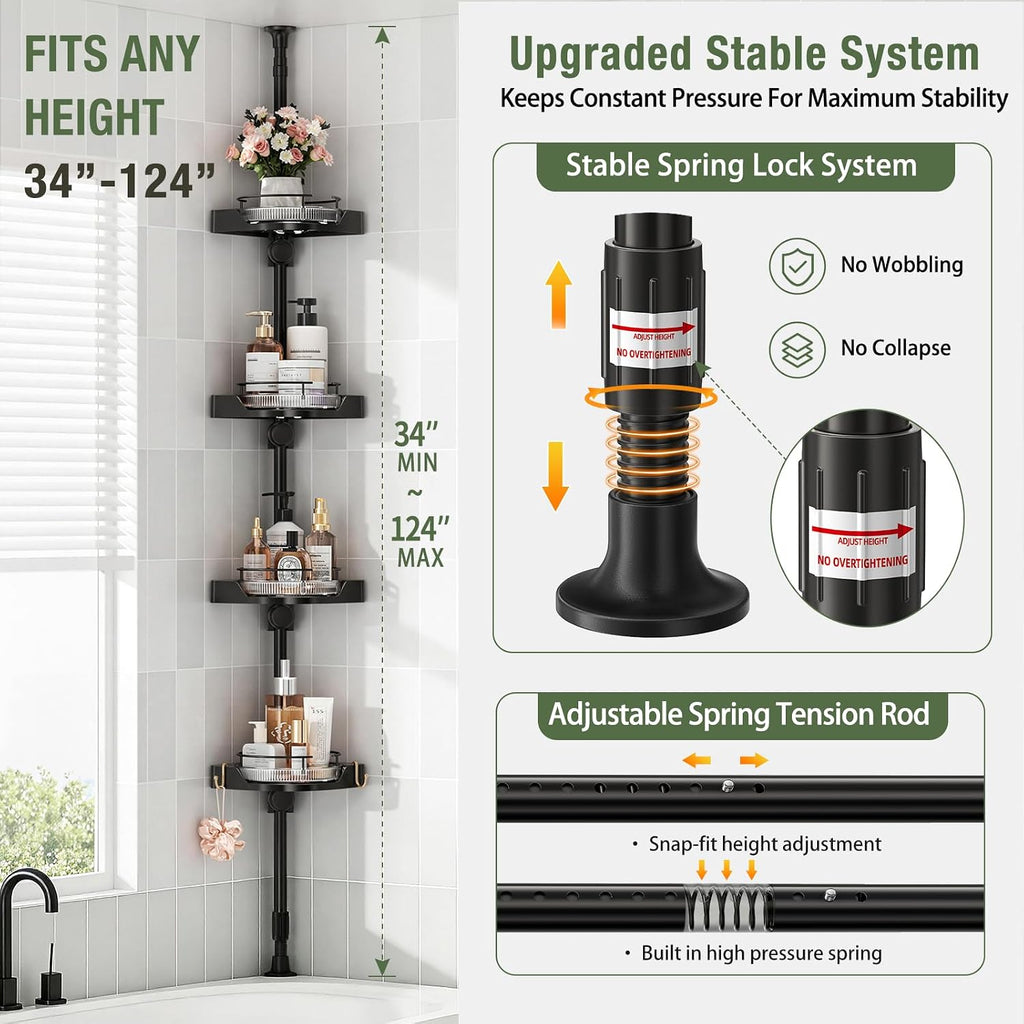 360° Rotating Corner Shower Caddy Tension Pole Organizer (Black) | 4-Tier rotating shelves with hooks, adjustable