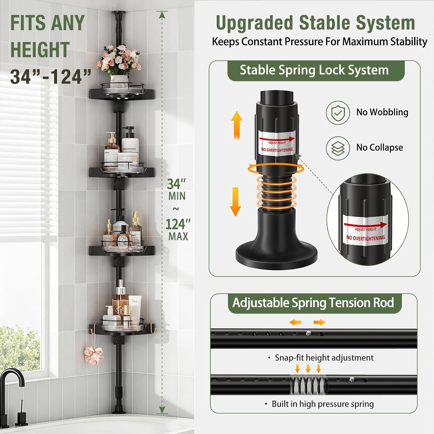 360° Rotating Corner Shower Caddy Tension Pole Organizer (Black) | 4-Tier rotating shelves with hooks, adjustable