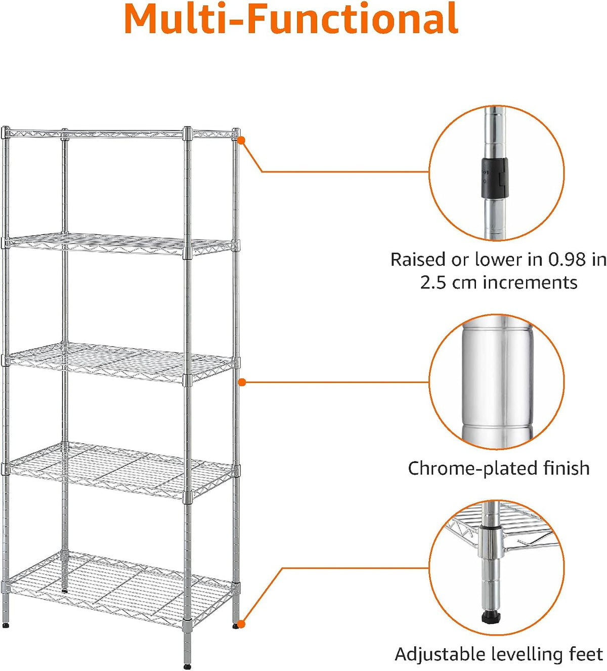 5-Shelf Adjustable Storage Shelving Unit for Garage, Steel Wire Rack, 200 Pound Loading Capacity per Shelf, 23.2" x