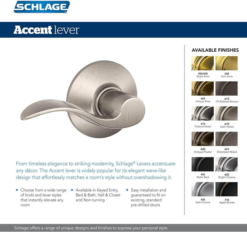 Deadbolt & Door Handle Set, Accent Lever, Bright Brass | Front door set with single cylinder deadbolt & reversible