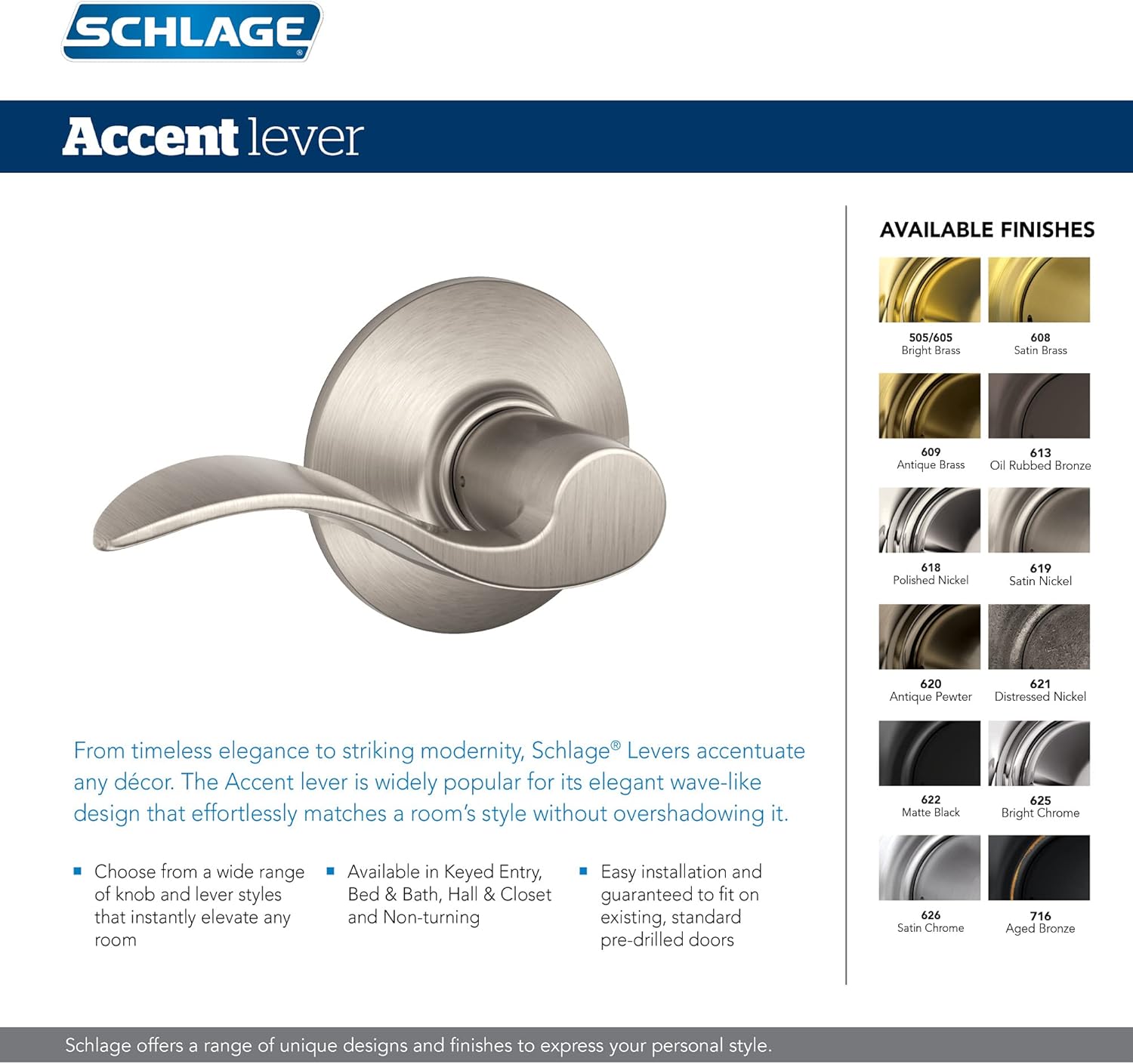 Deadbolt & Door Handle Set, Accent Lever, Bright Brass | Front door set with single cylinder deadbolt & reversible