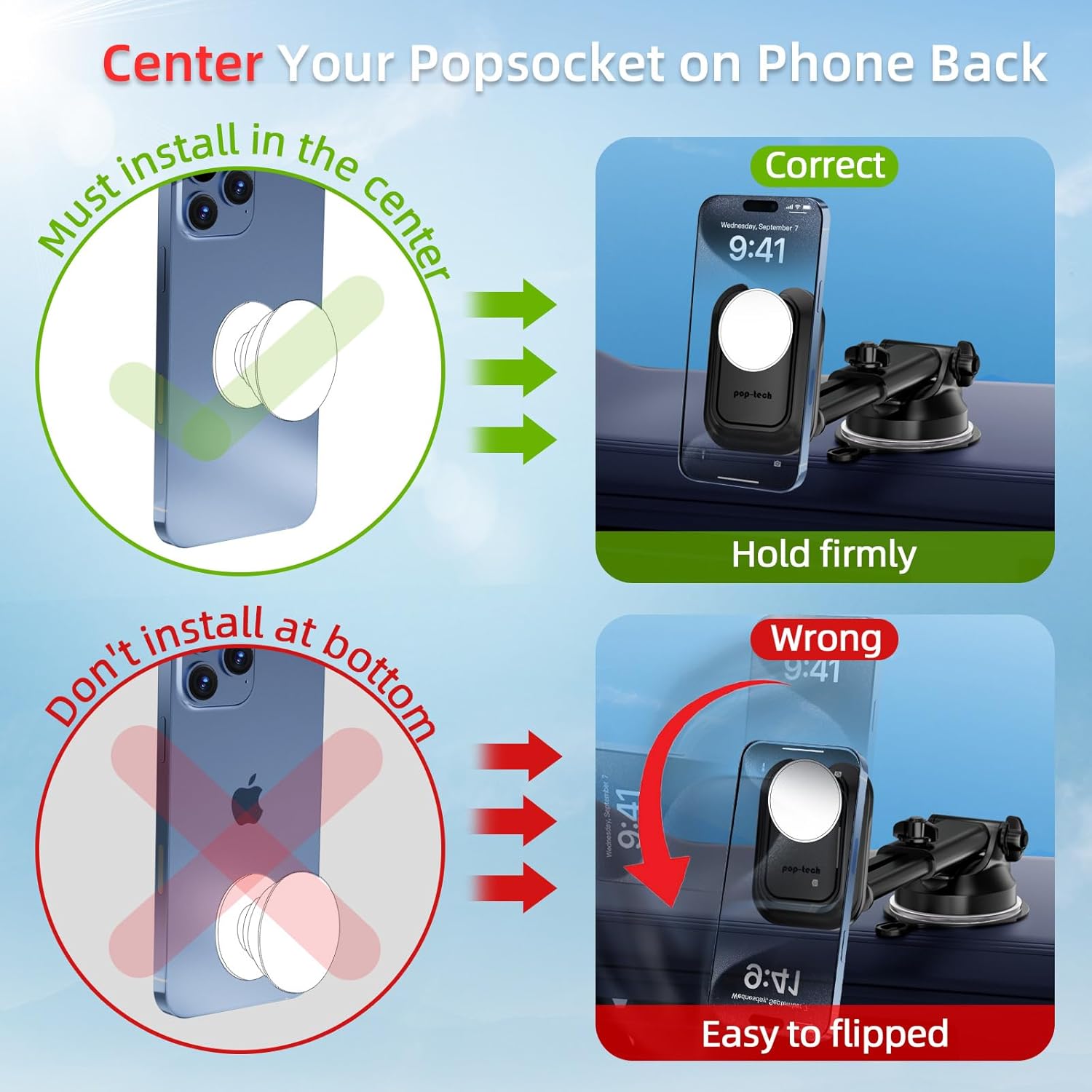 Car Phone Mount for Pop Socket: Suction Cup Cell Phone Holders for Automobile Dashboard Windshield Window - Dash
