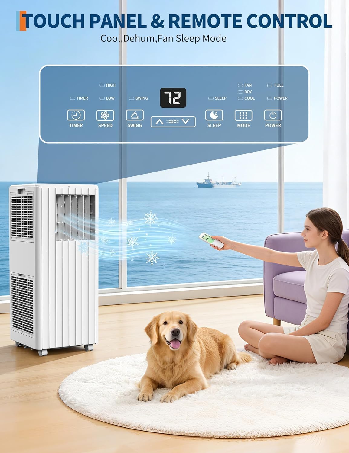 8000 BTU Portable Air Conditioner, 3-in-1 Portable AC Cooling, Dehumidifying & Fan for Bedroom, Apartment, Dorm &