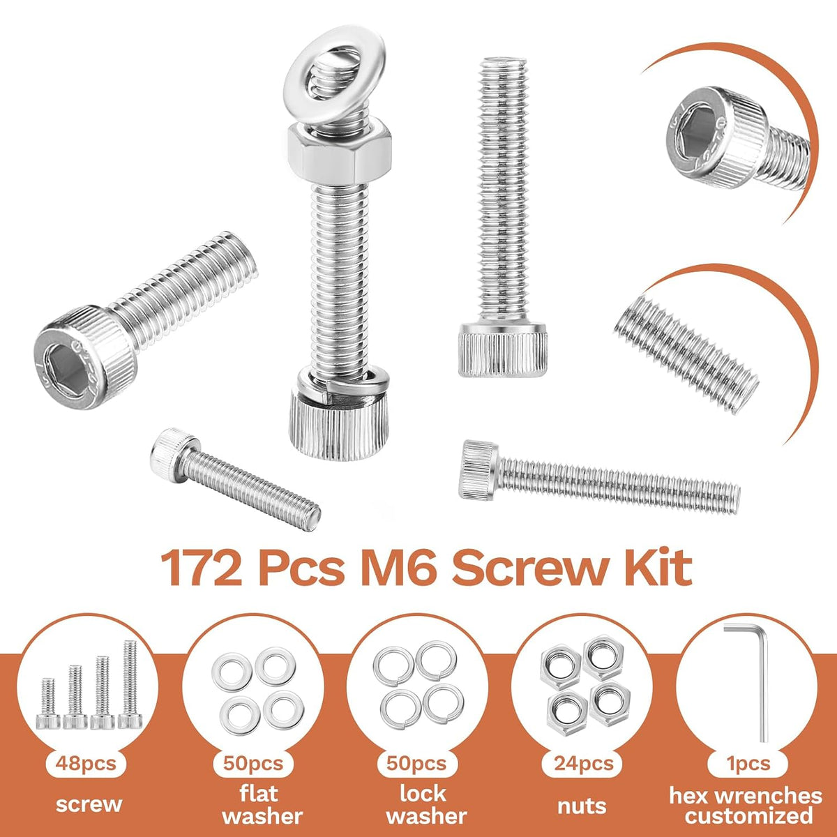 Hapric 172 Pcs M6 Bolts Assortment Kit, M6x 8-35MM Screw Kits