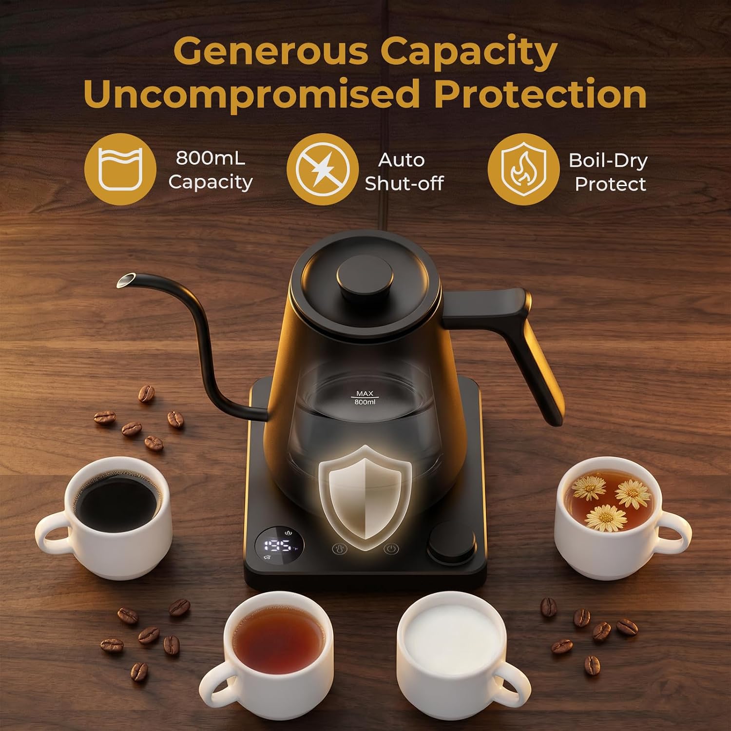 Gooseneck Electric Kettle Coffee Kettle with ±1°F Temperature Control, 27oz/0.8L 1200W Rapid Heating, 2Hours Keep