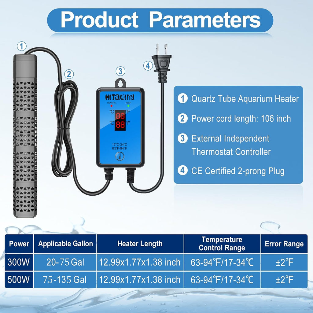 Aquarium Heater, Upgraded 300W/500W Fish Tank Heater with Intelligent Leaving Water Automatically Stop Heating and