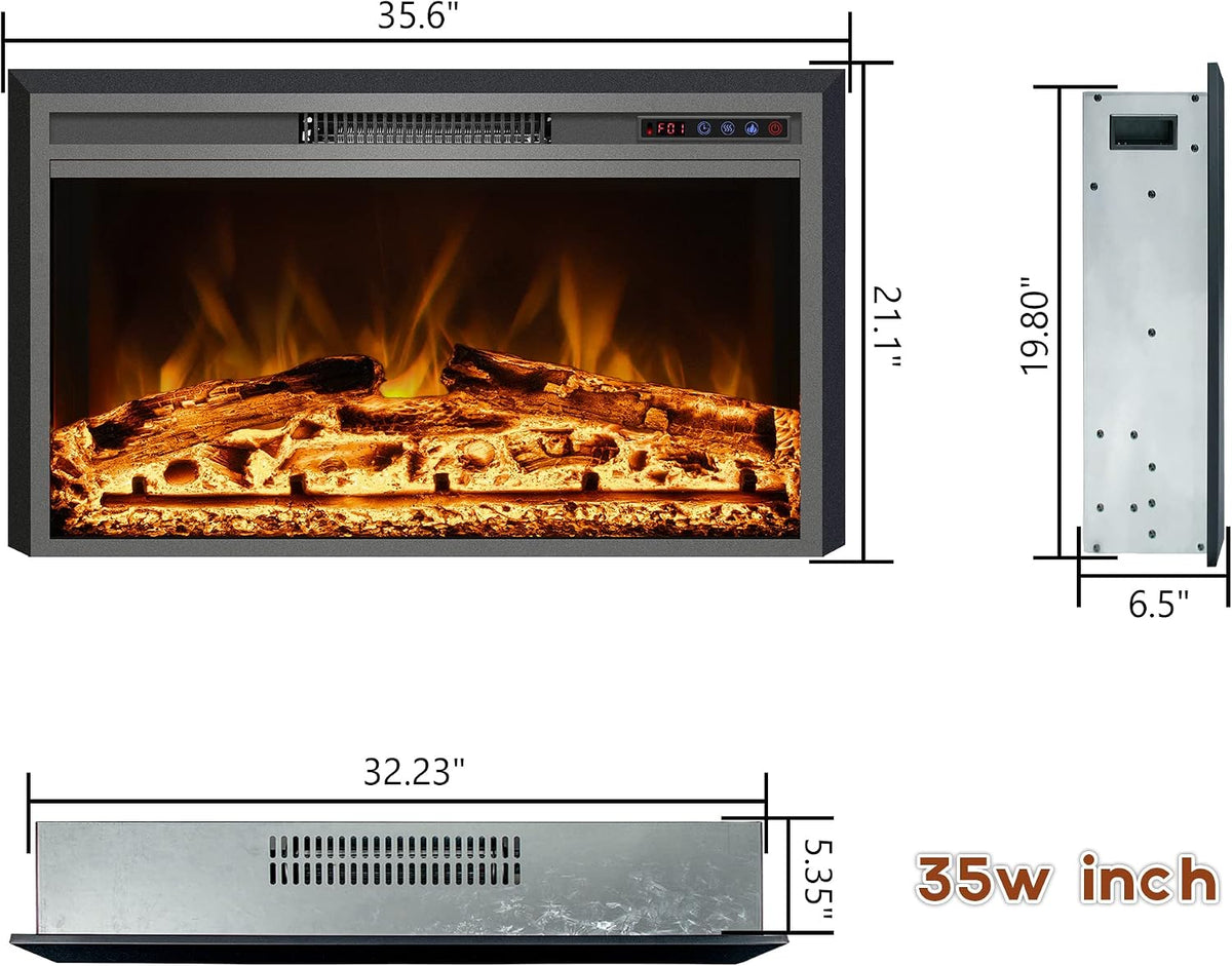 Electric Fireplace, Electric Fireplace Inserts, Recessed Fireplace Heater with Remote Control, Adjustable Flame