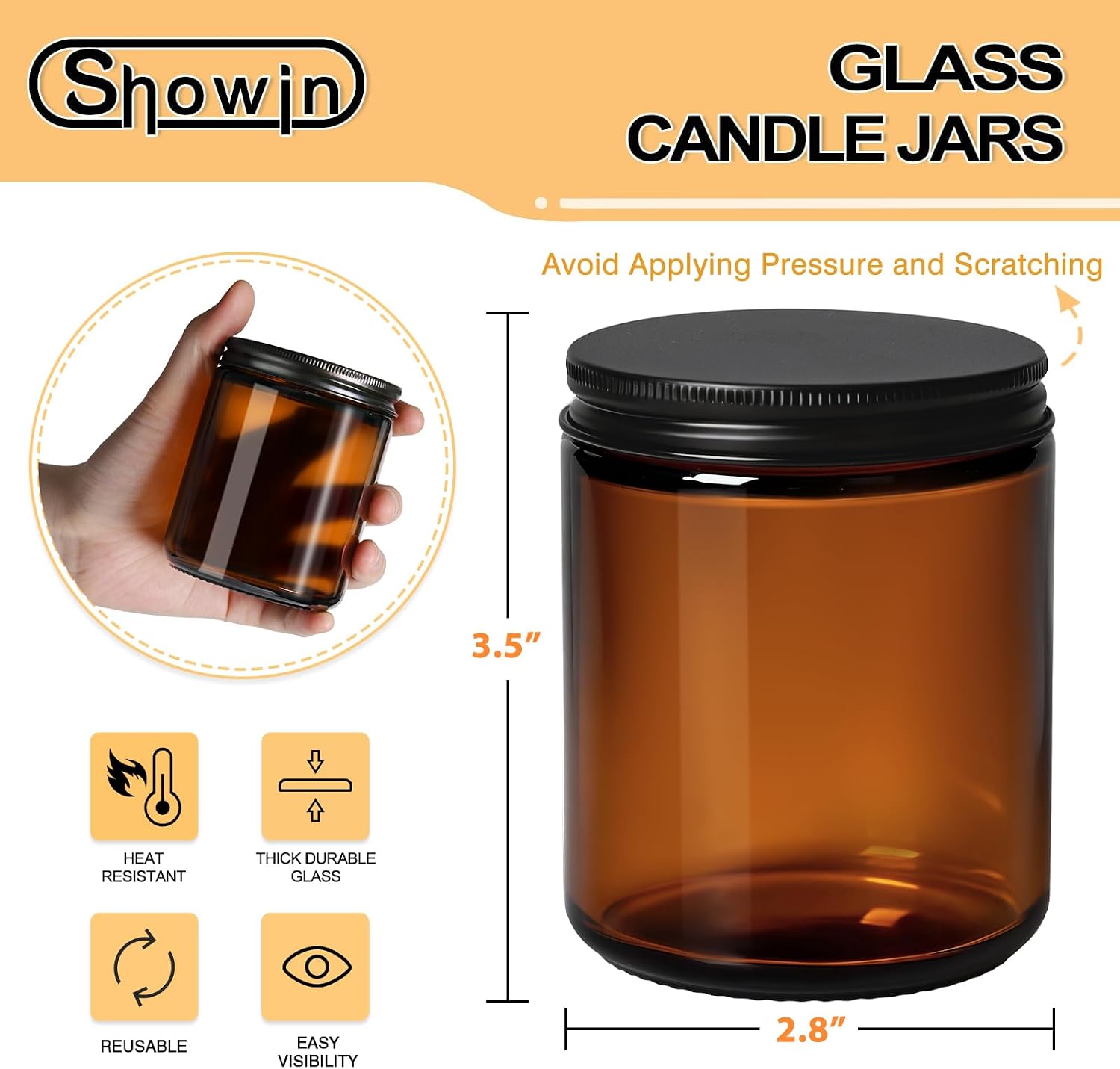 Candle Jars for Making Candles 12pcs, 8oz Amber Glass Containers with Lids, Thick Glass Jars with Matte Black Metal