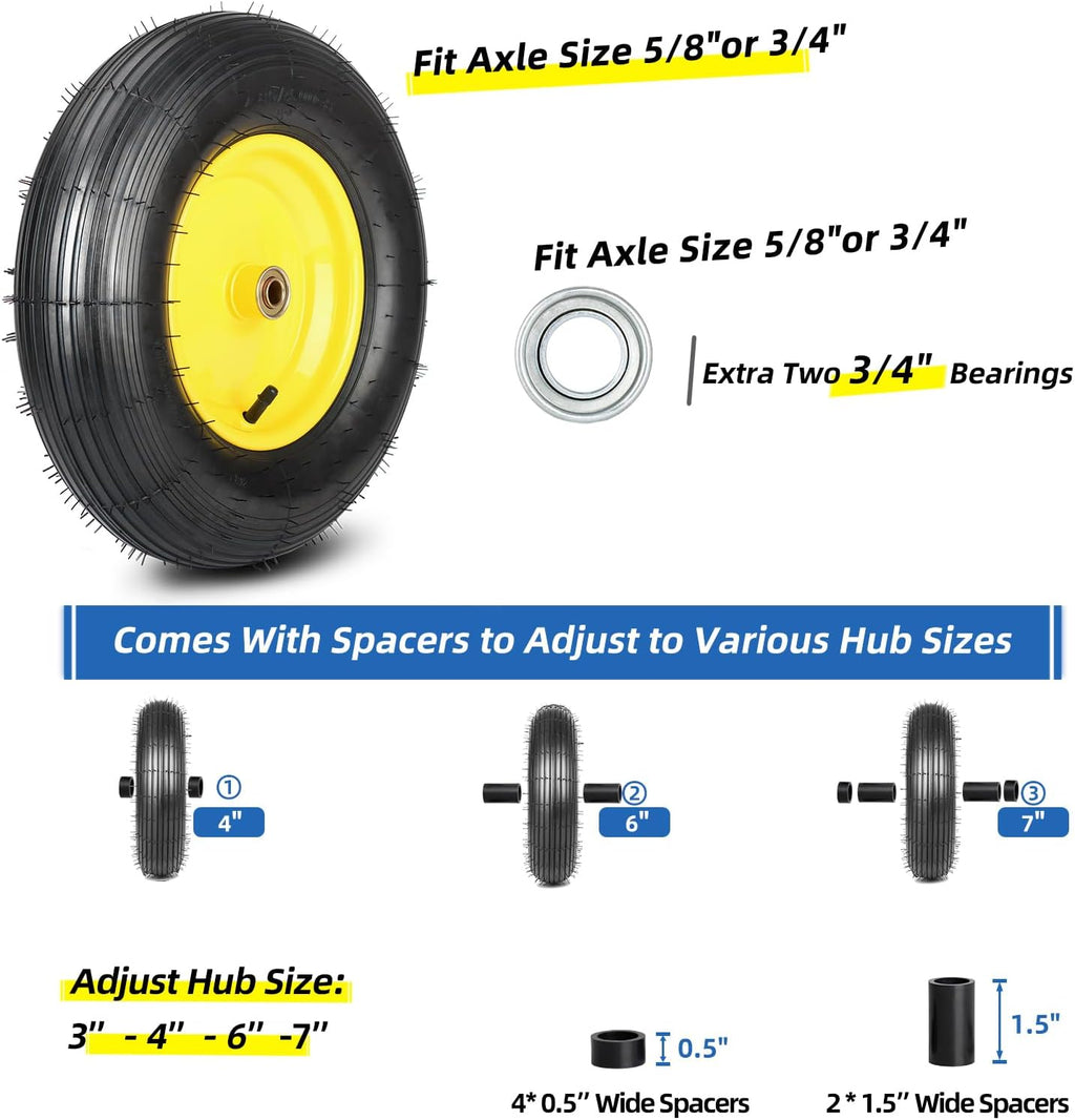 4.80/4.00-8 Wheelbarrow Tire and Wheel, 16" Rubber Pneumatic Wheel, 3"- 6" Centered Hub, 5/8" & 3/4" Bearings, for