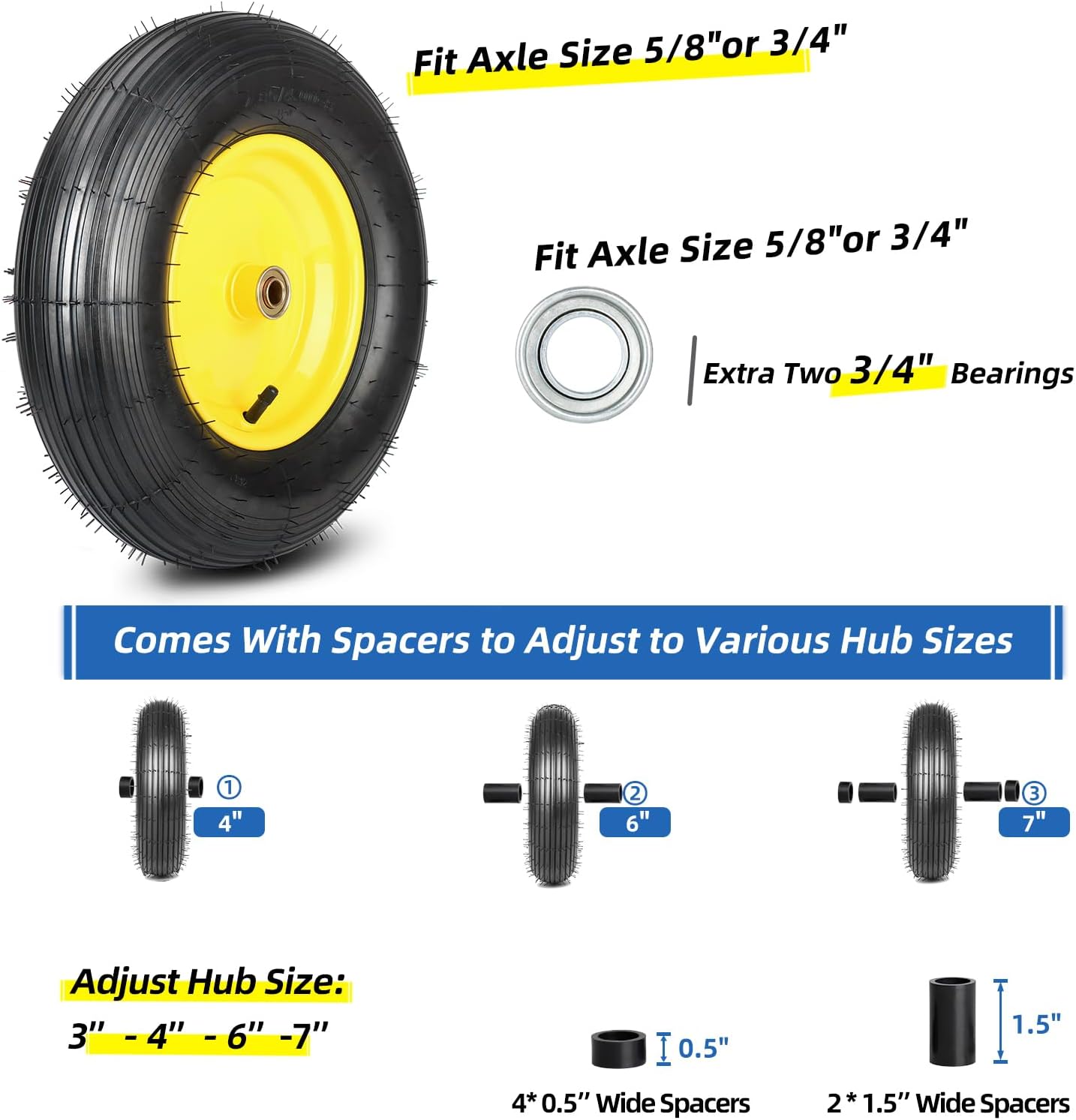 4.80/4.00-8 Wheelbarrow Tire and Wheel, 16" Rubber Pneumatic Wheel, 3"- 6" Centered Hub, 5/8" & 3/4" Bearings, for