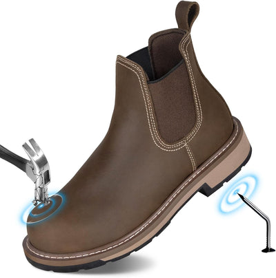 Steel toe Chelsea Work Boots Puncture-Proof with EVA Mid-Sole | Full Grain Leather Slip-on Safety Shoes, Comfortable