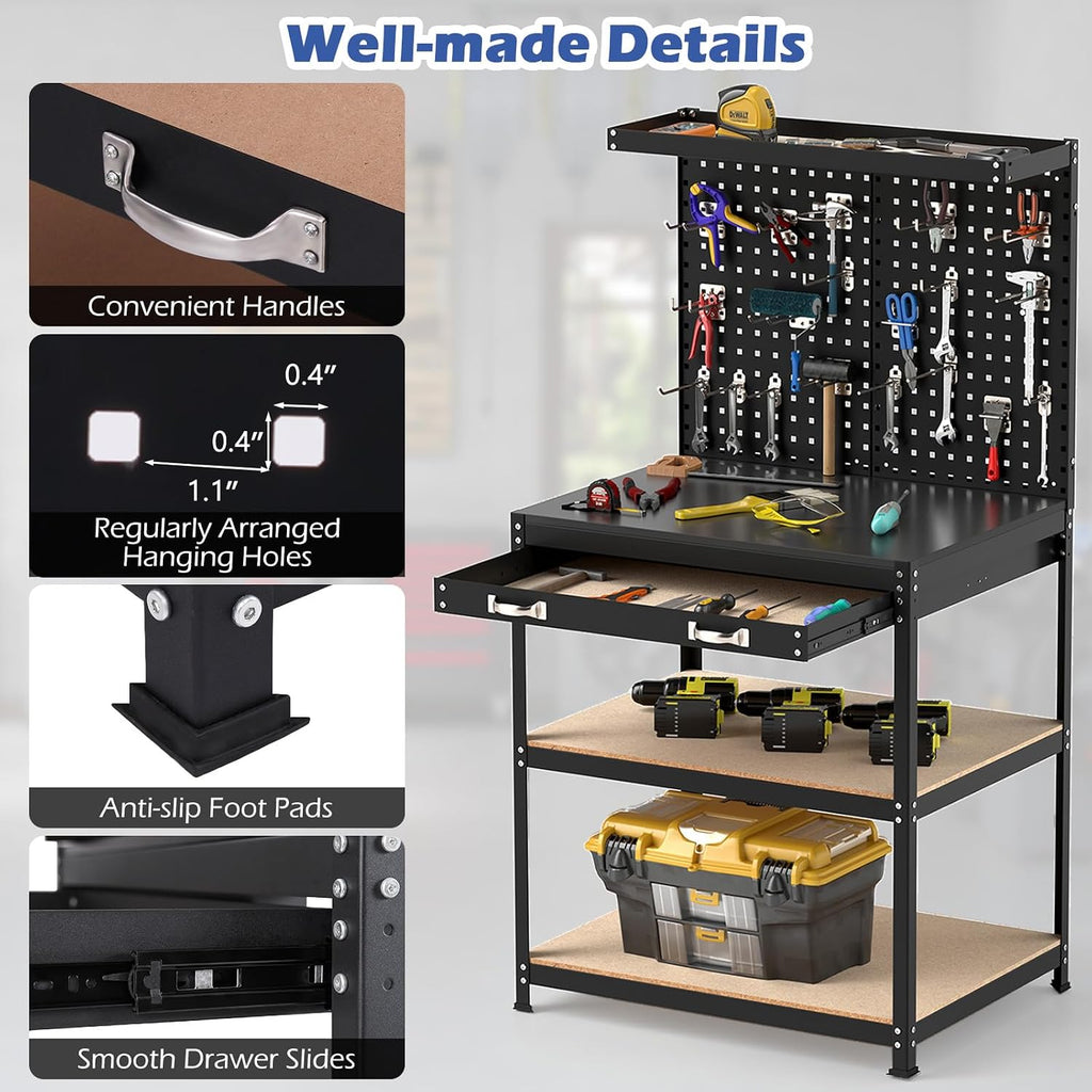 32" Work Bench with Drawer, Pegboard and 19 PCS Hanging Kits, Black | Heavy Duty Garage Work Table, Tool Bench