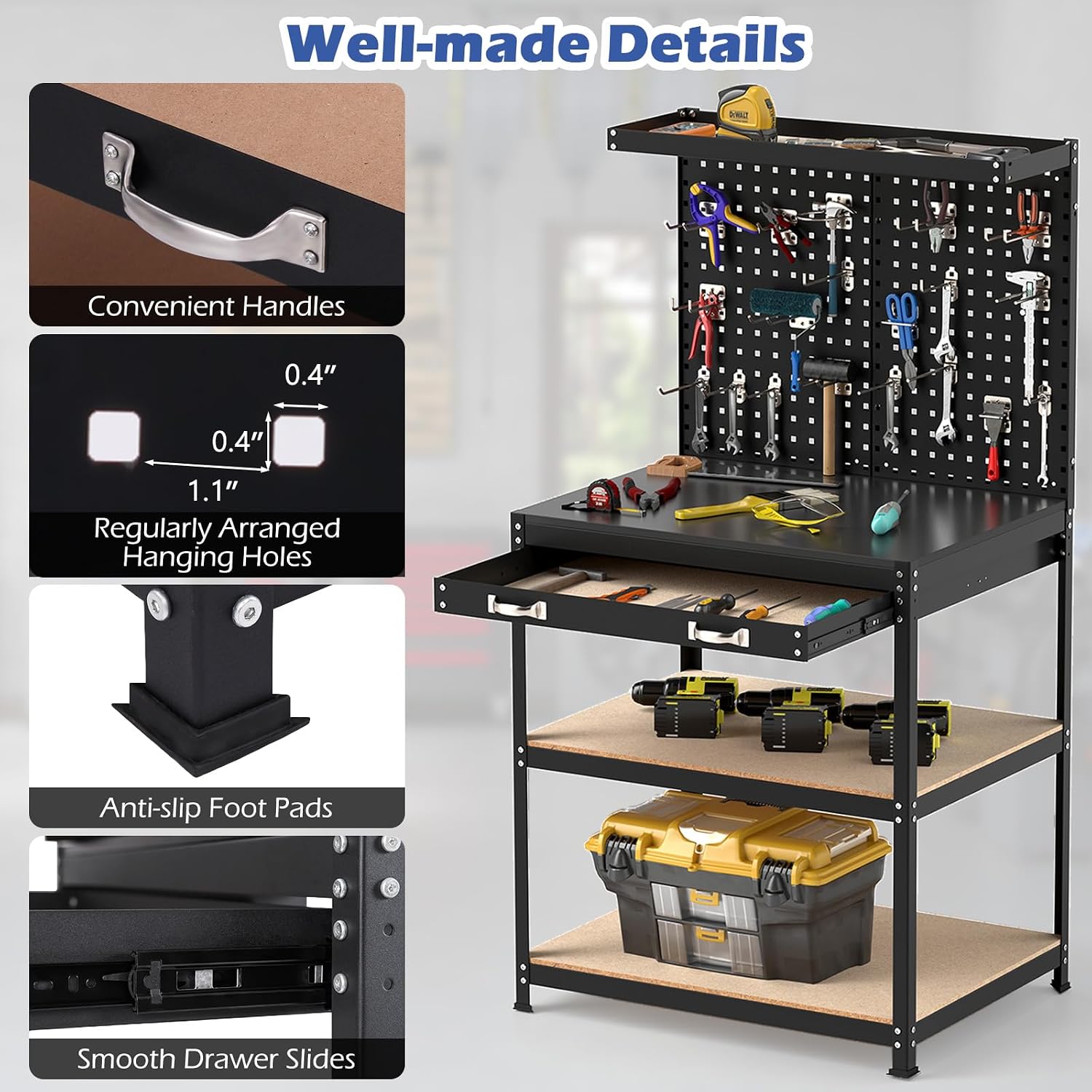 32" Work Bench with Drawer, Pegboard and 19 PCS Hanging Kits, Black | Heavy Duty Garage Work Table, Tool Bench