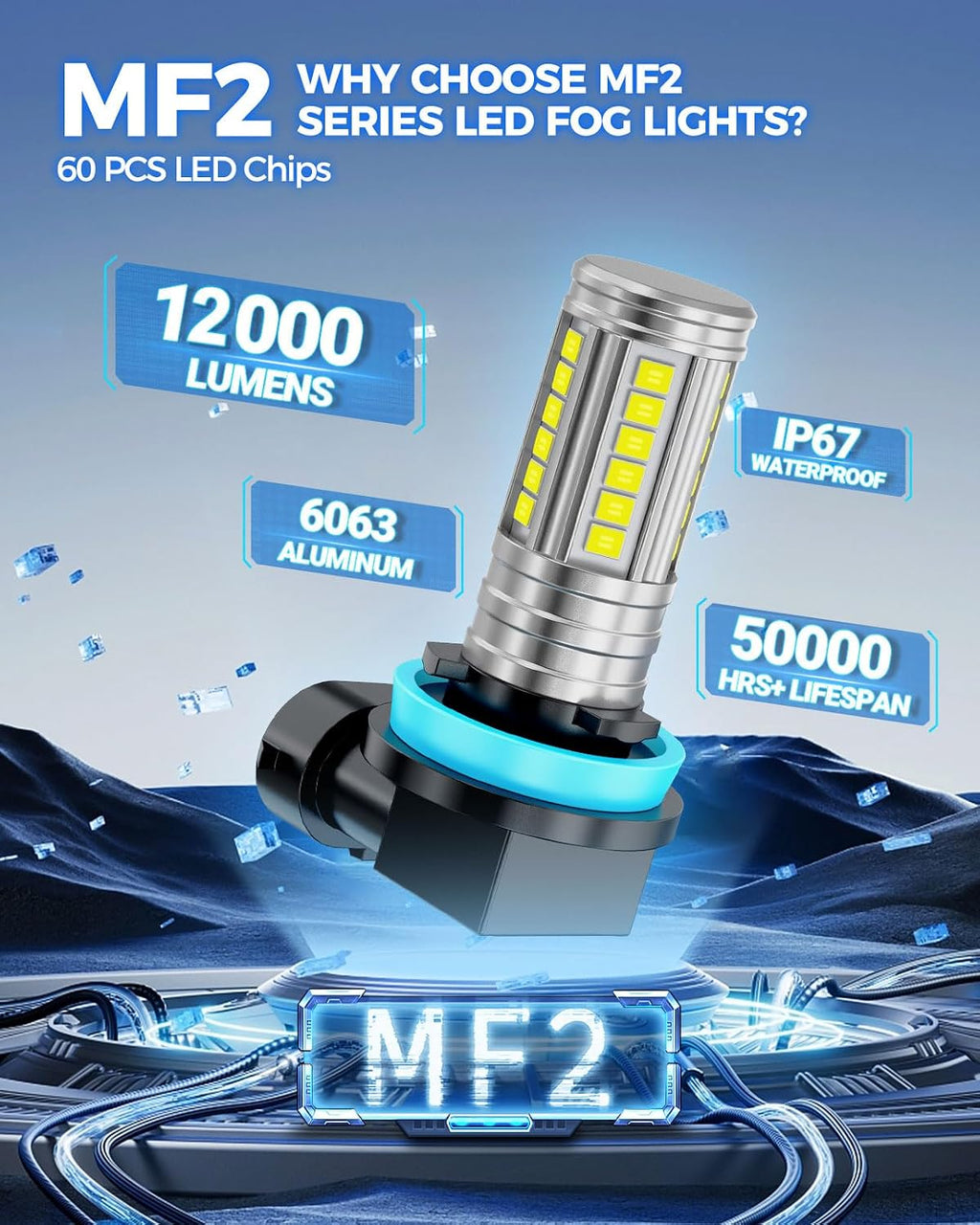H11/H8 LED Fog Light Bulb, 12,000 LM 600% Brightness H8 H16 Fog Light Bulbs, 360° Illumination Upgraded 60 Pcs Chips