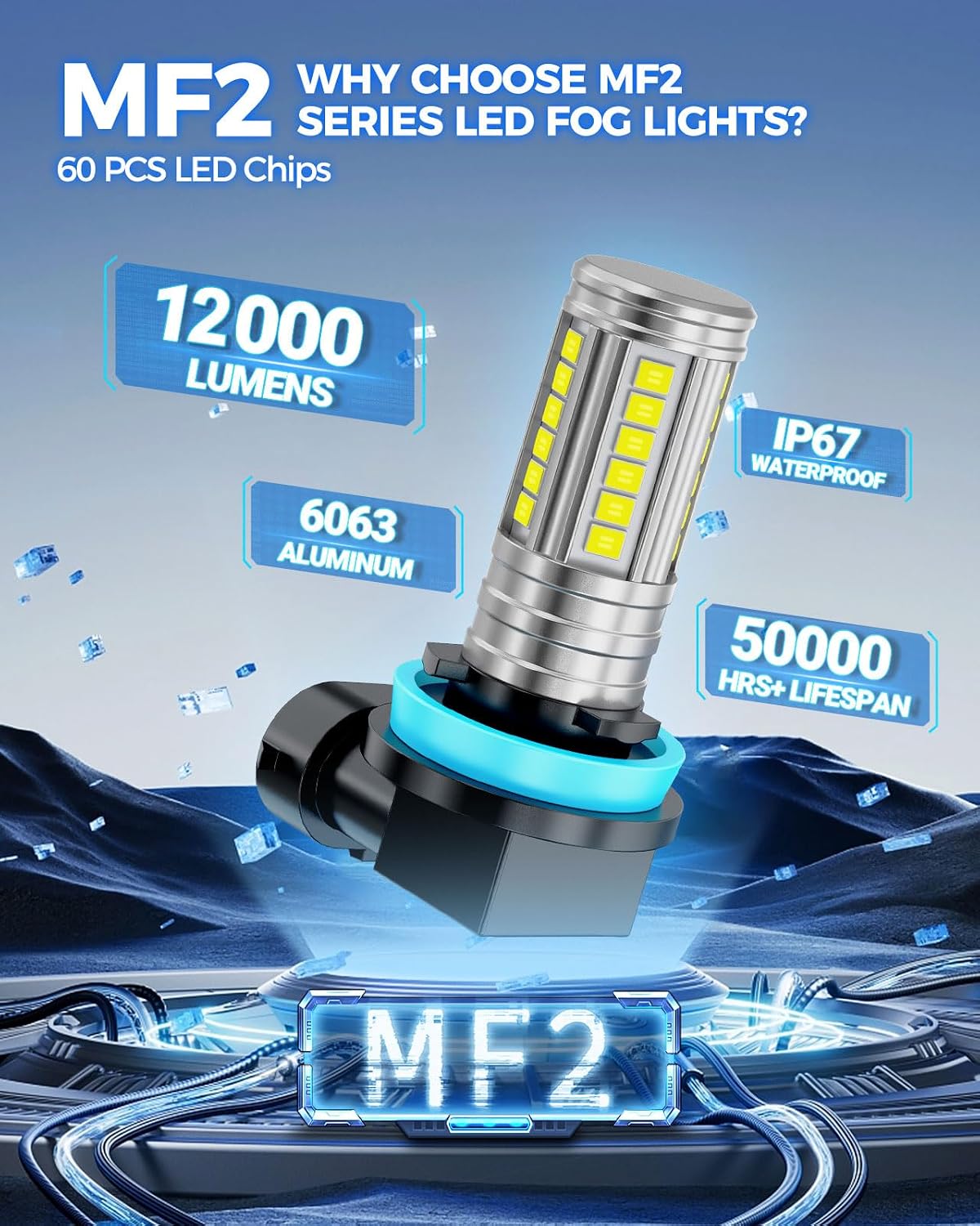 H11/H8 LED Fog Light Bulb, 12,000 LM 600% Brightness H8 H16 Fog Light Bulbs, 360° Illumination Upgraded 60 Pcs Chips