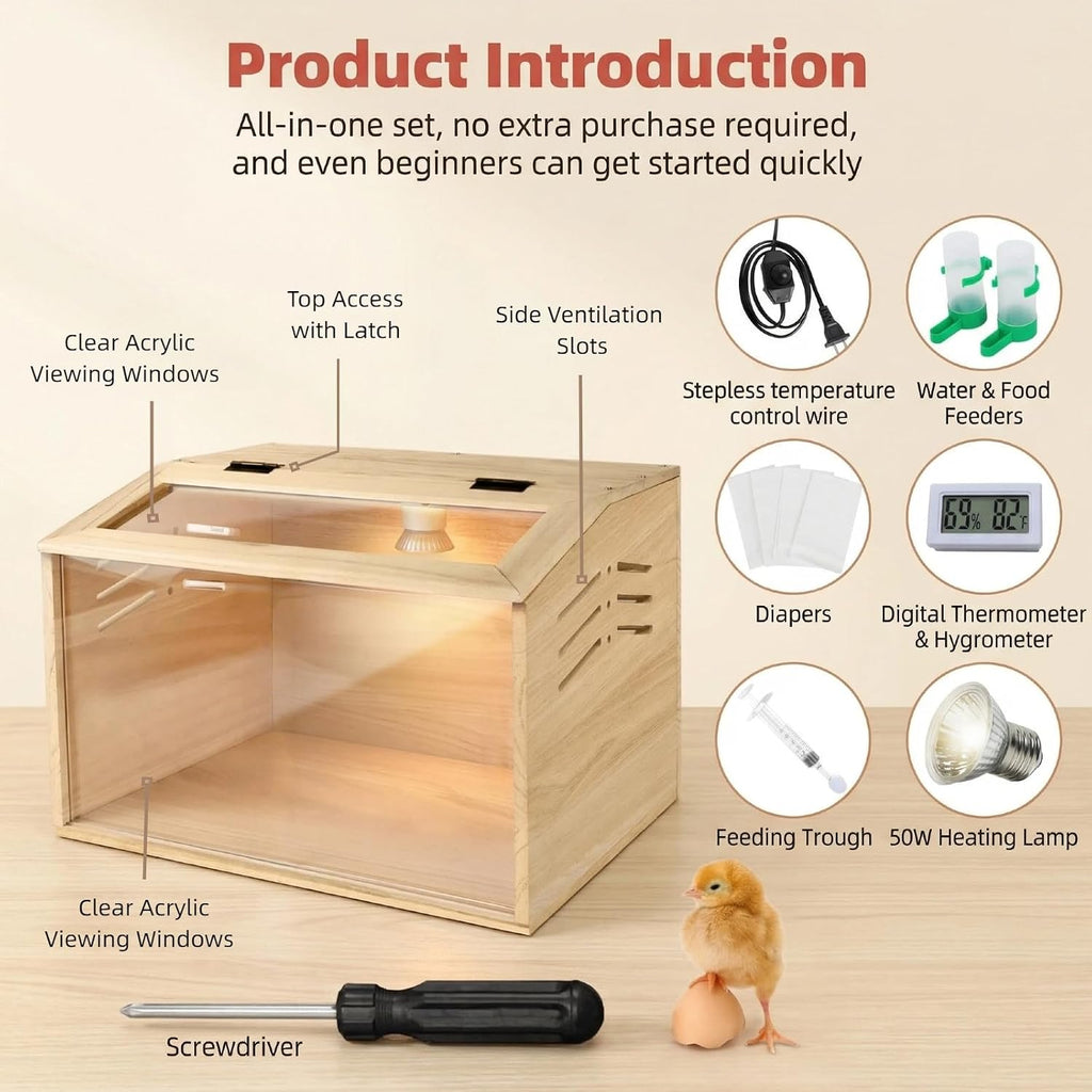 15.74 x 11.81 x 11.81” Chick Brooder Box with Heating Lamp, Poultry Brooder with Heaters, Wooden Brooder Box for Baby