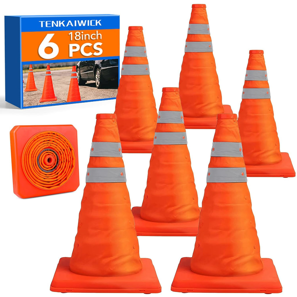 18 Inch 6 Pack Traffic Cones,Collapsible Safety Cones,Multi Purpose Pop-up Cones with Reflective Collar,Orange Cones