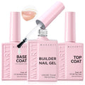 Builder Nail Gel with Top Coat Base Coat Kit 3 PCS 15ml | Long Lasting Diamond-Shine Finish No Wipe Clear Gel Polish