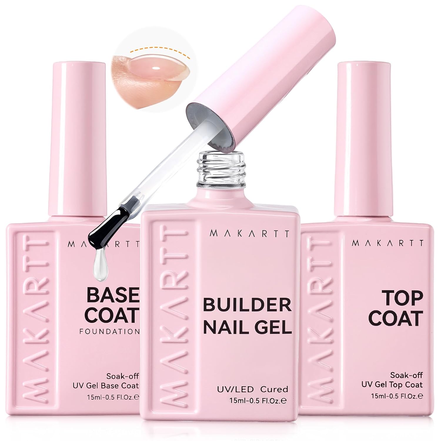 Builder Nail Gel with Top Coat Base Coat Kit 3 PCS 15ml | Long Lasting Diamond-Shine Finish No Wipe Clear Gel Polish