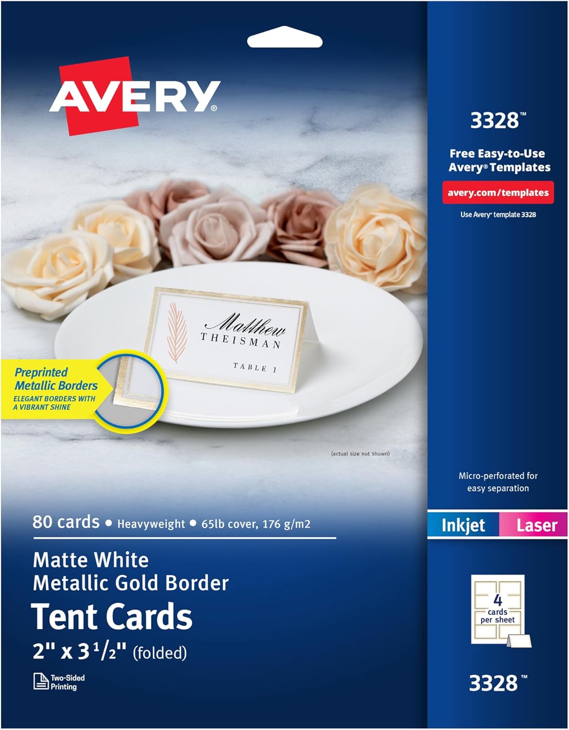 Tent Cards, 2" x 3.5", Gold Borders, 80 Place Cards (3328)