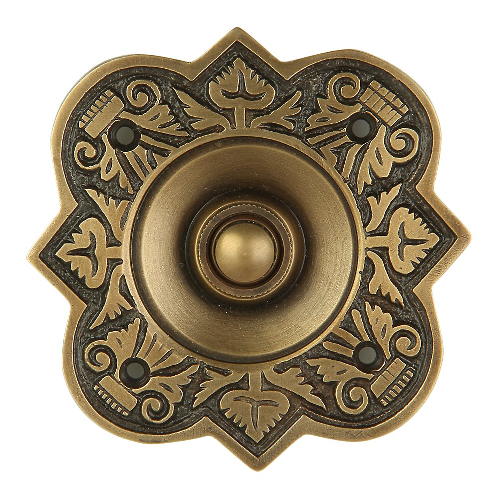 Push Button Doorbell, Solid Brass, Antique Brass Finish | 3 3/4 x 3 3/4 in, Wired Recessed Mount, Decorative Push