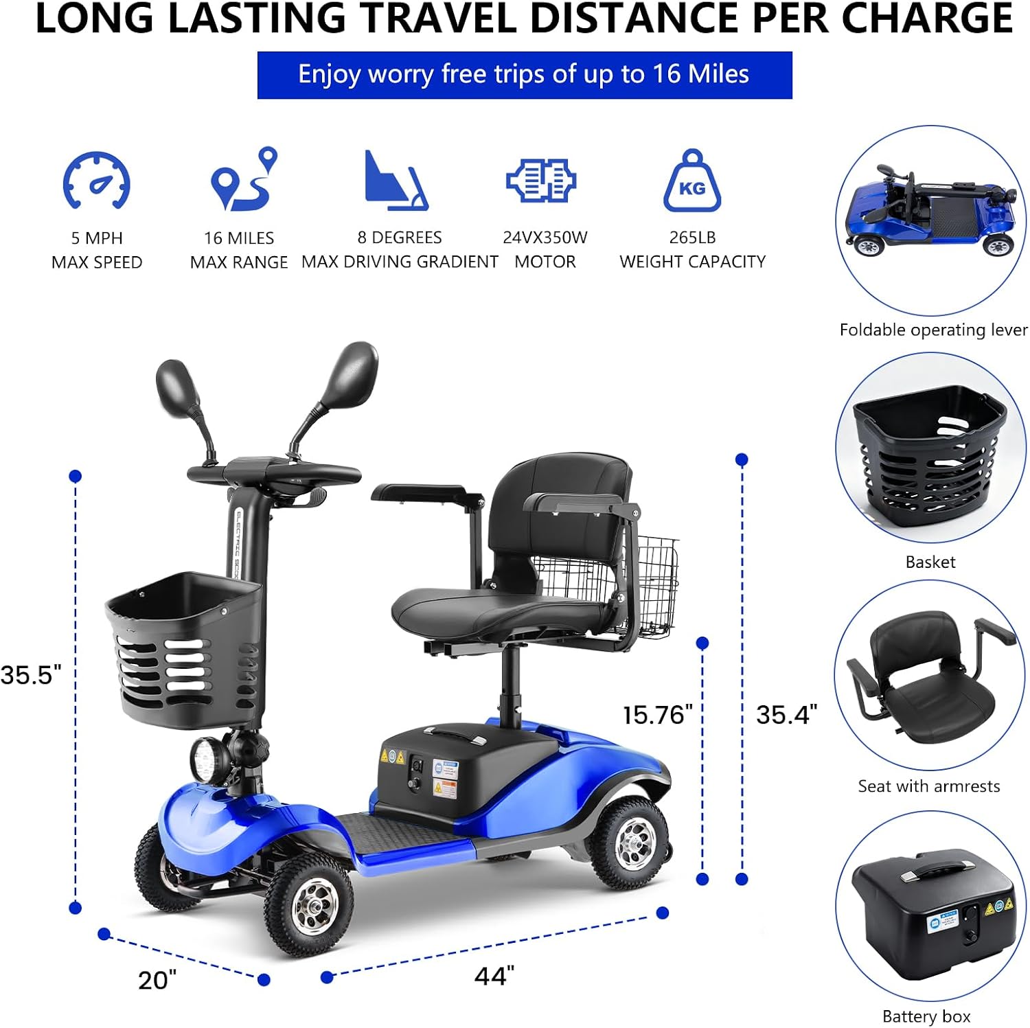4 Wheel Electric Power Mobility Scooter for Adults, Electric Scooter for Seniors Folding Mobility Scooter -Max Speed