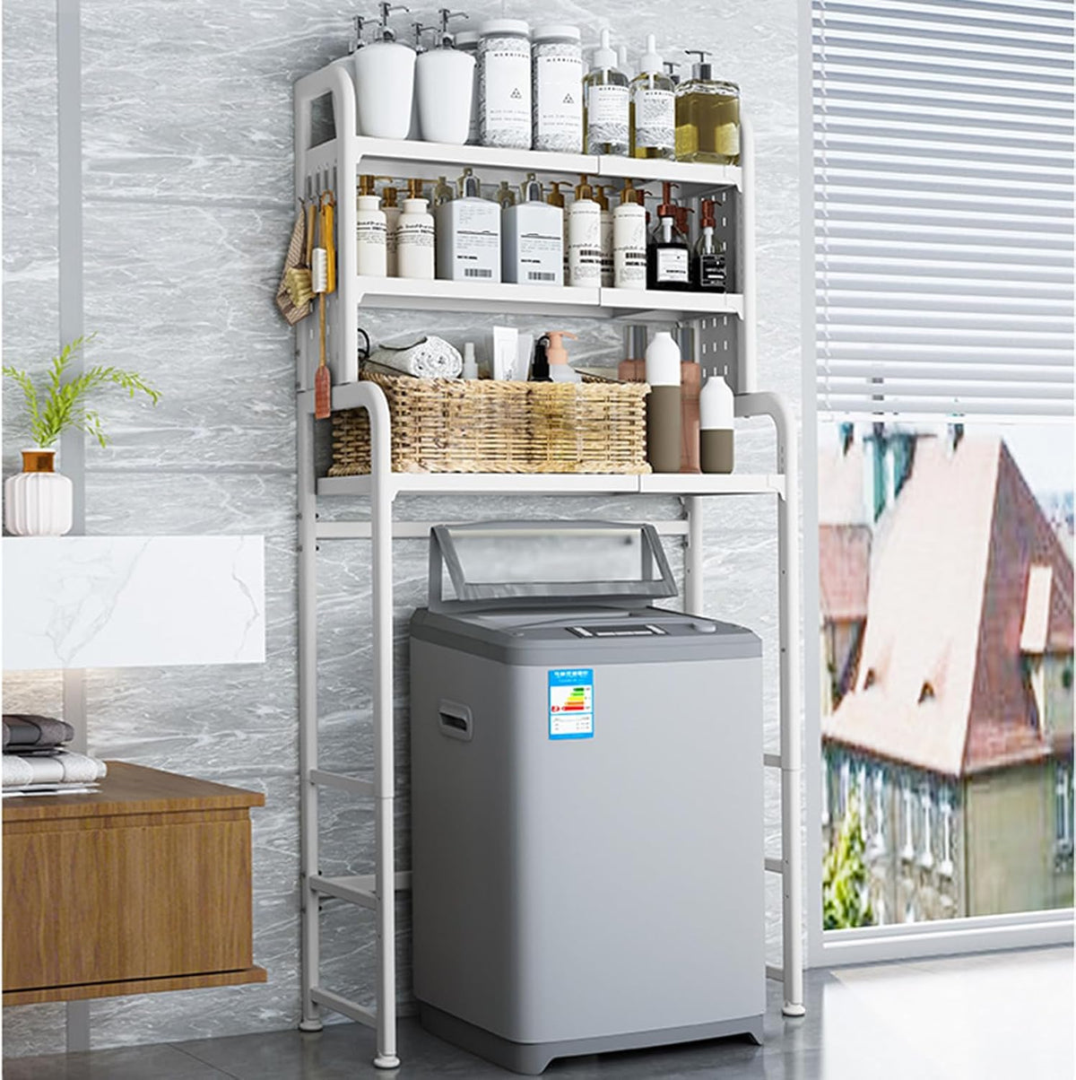 Adjustable Laundry Organizer Shelf over the Washer and Dryer Storage Shelf