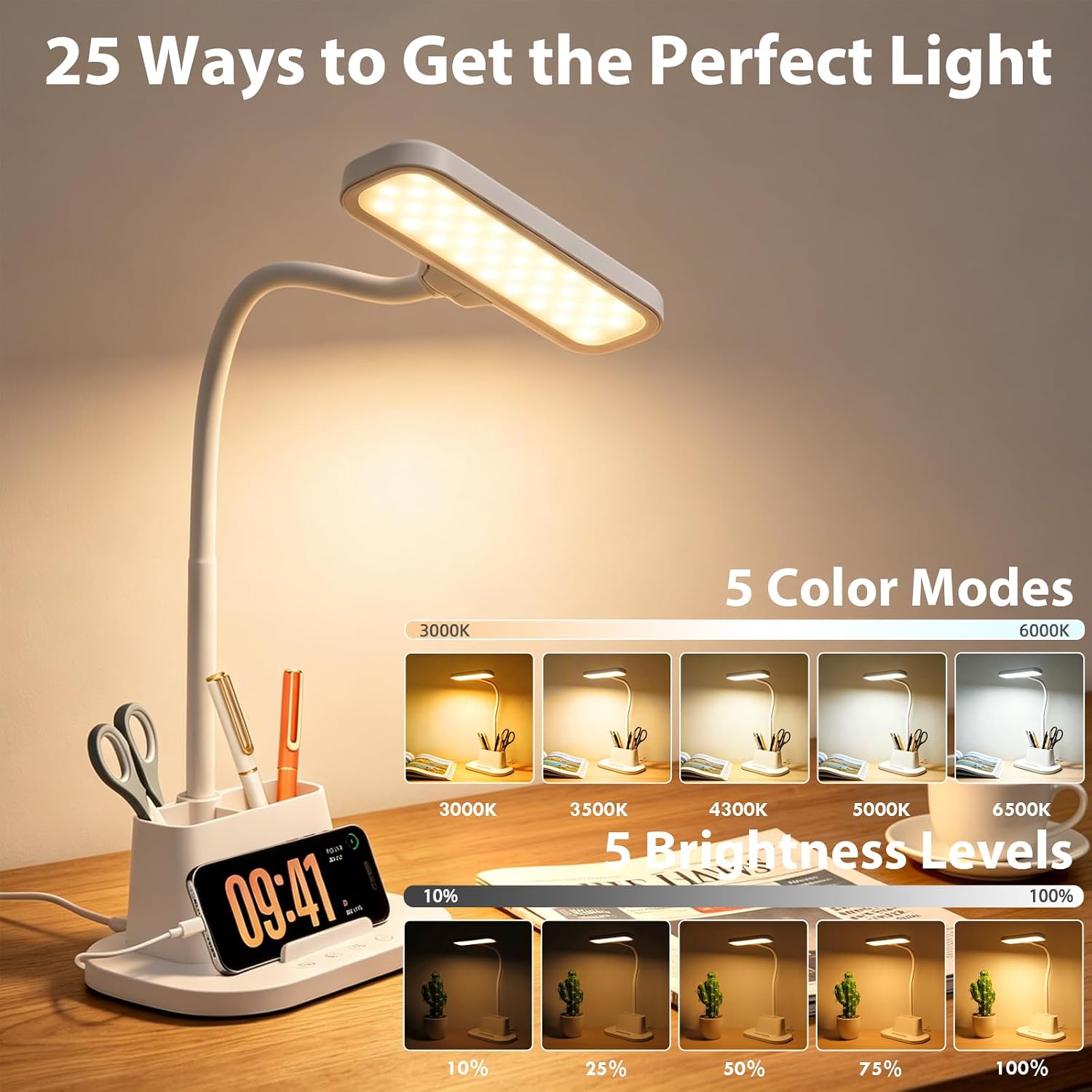 LED Desk Lamp for Dorm Small Desk Lamp with Pen Holder 5 Color Modes White | Dimmable Touch Control, USB Charging