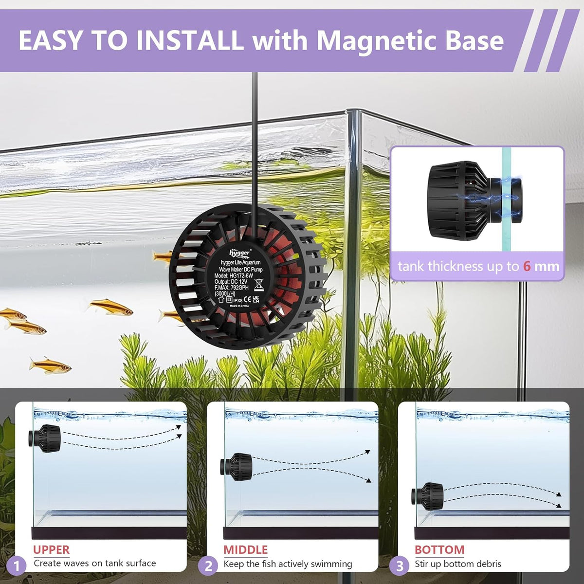 Lite Wave Maker for 10-50 Gallon Aquariums, 792 GPH Magnetic Base