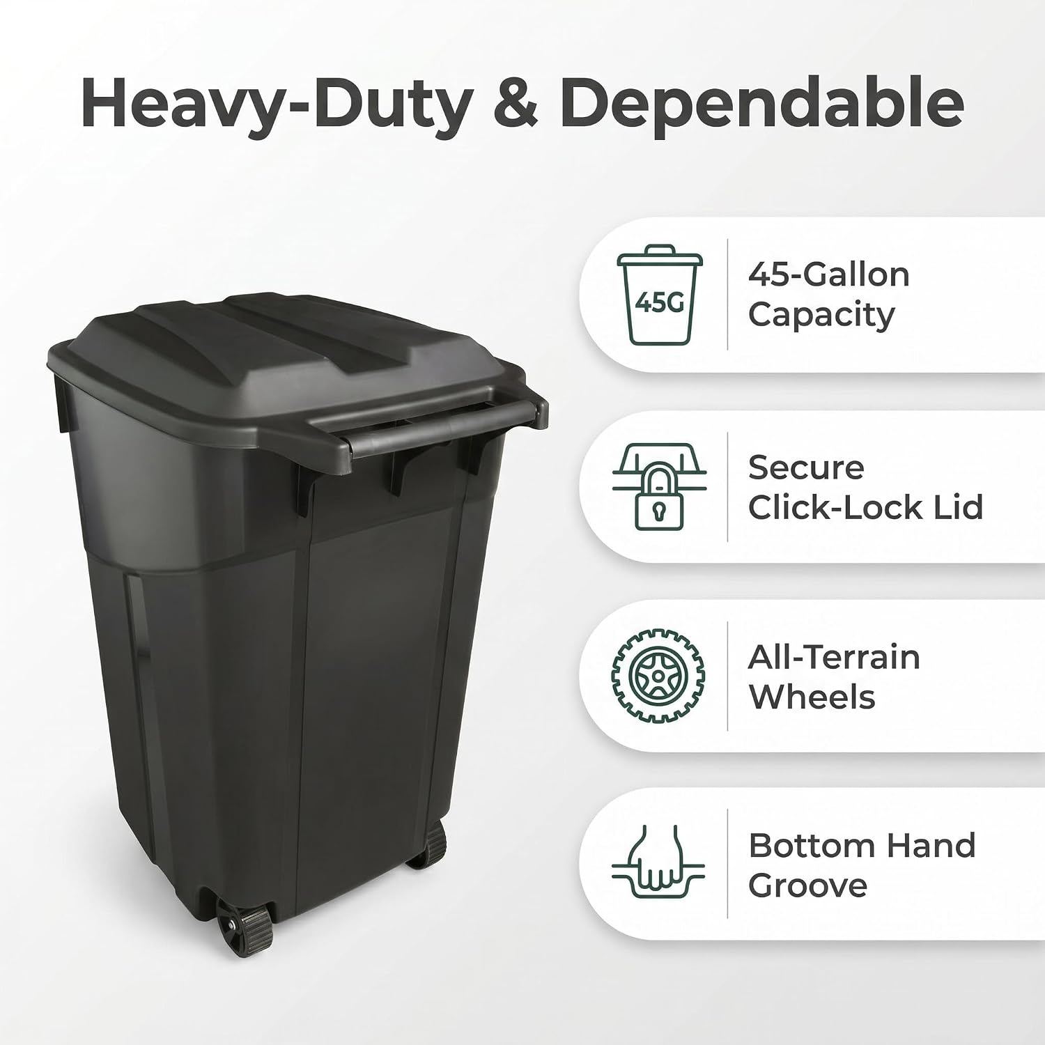45 Gallon Wheeled Heavy Duty Trash Can with Attached Lid – Large Plastic Garbage Bin with Rollers for Outdoor Patio