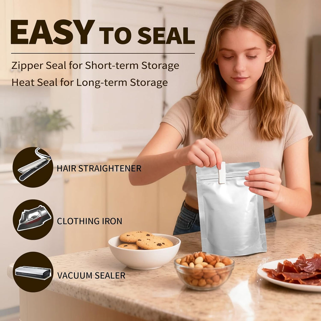 Mylar Bags with Oxygen Absorbers for Food Storage, 100cc, 100 PCS | 100cc absorbers + 3-size Mylar bags