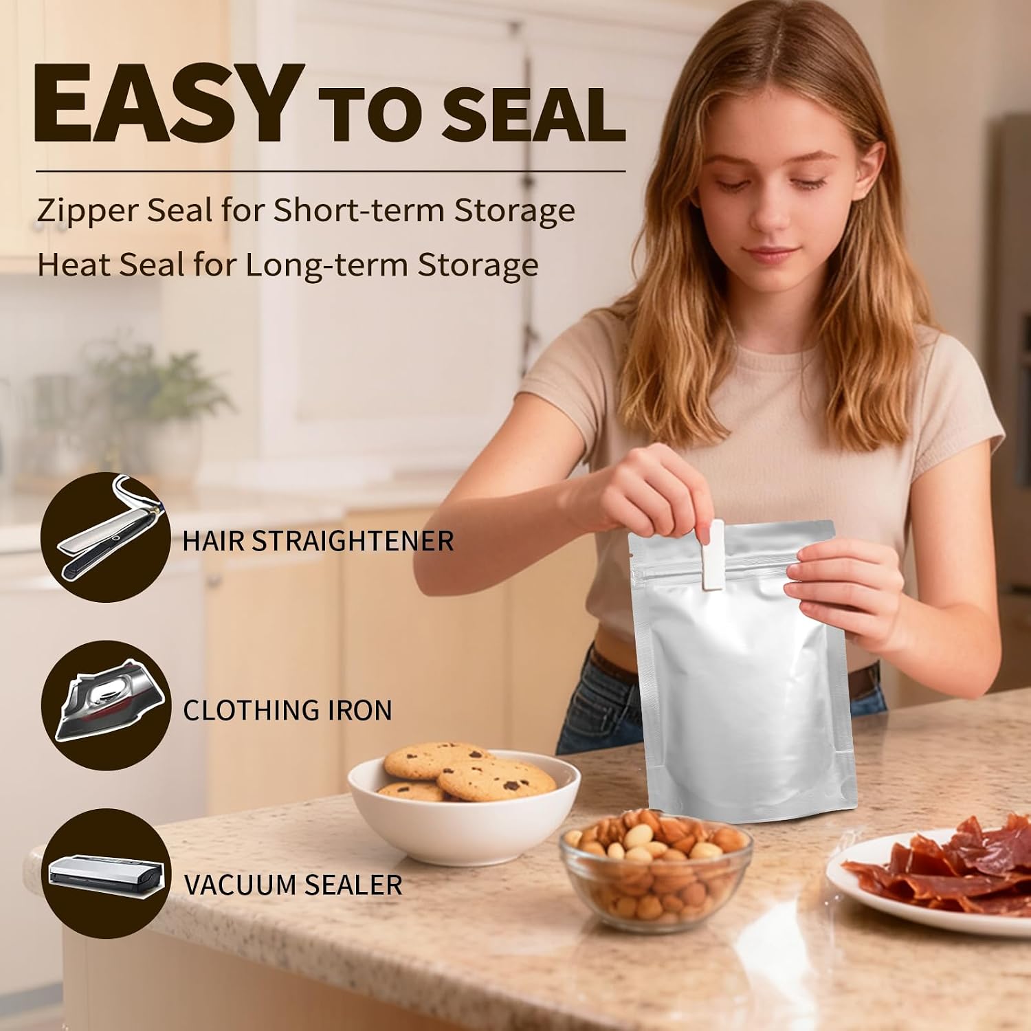 Mylar Bags with Oxygen Absorbers for Food Storage, 100cc, 100 PCS | 100cc absorbers + 3-size Mylar bags