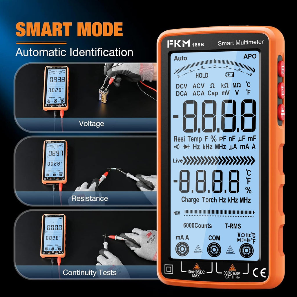 FKM Rechargeable Digital Multimeter Tester Auto-Ranging TRMS 6000 Counts