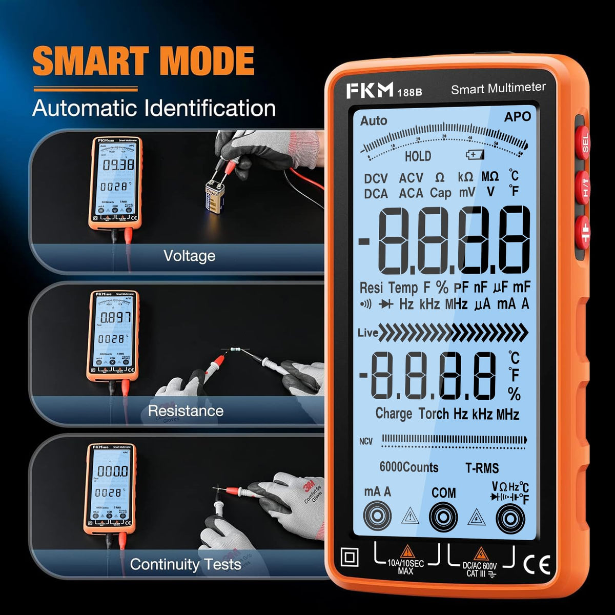 FKM Rechargeable Digital Multimeter Tester Auto-Ranging TRMS 6000 Counts