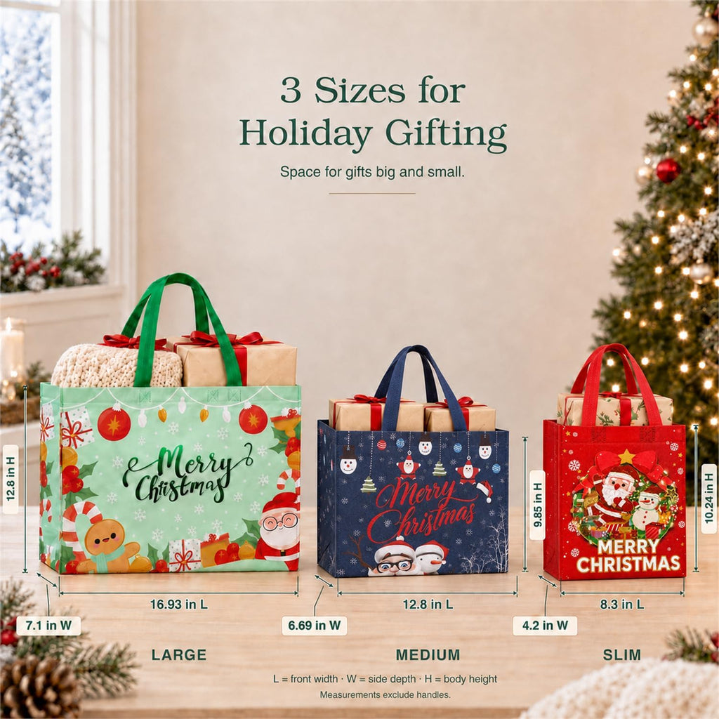 24 Pack Christmas Gift Bags Assorted Sizes Bulk with Handles