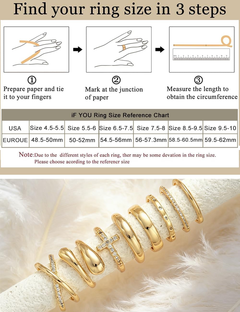 Non Tarnish Chunky Gold Rings for Women, 14K Gold Plated Dainty Stackable Cross Cubic Zirconia Ring Set, Knuckle