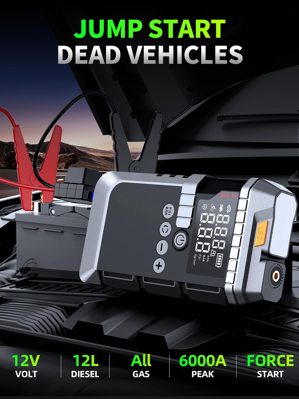Portable Car Battery Jump Starter with Air Compressor, 6000A Car Battery Booster (All Gas/12L Diesel) with 45W Fast